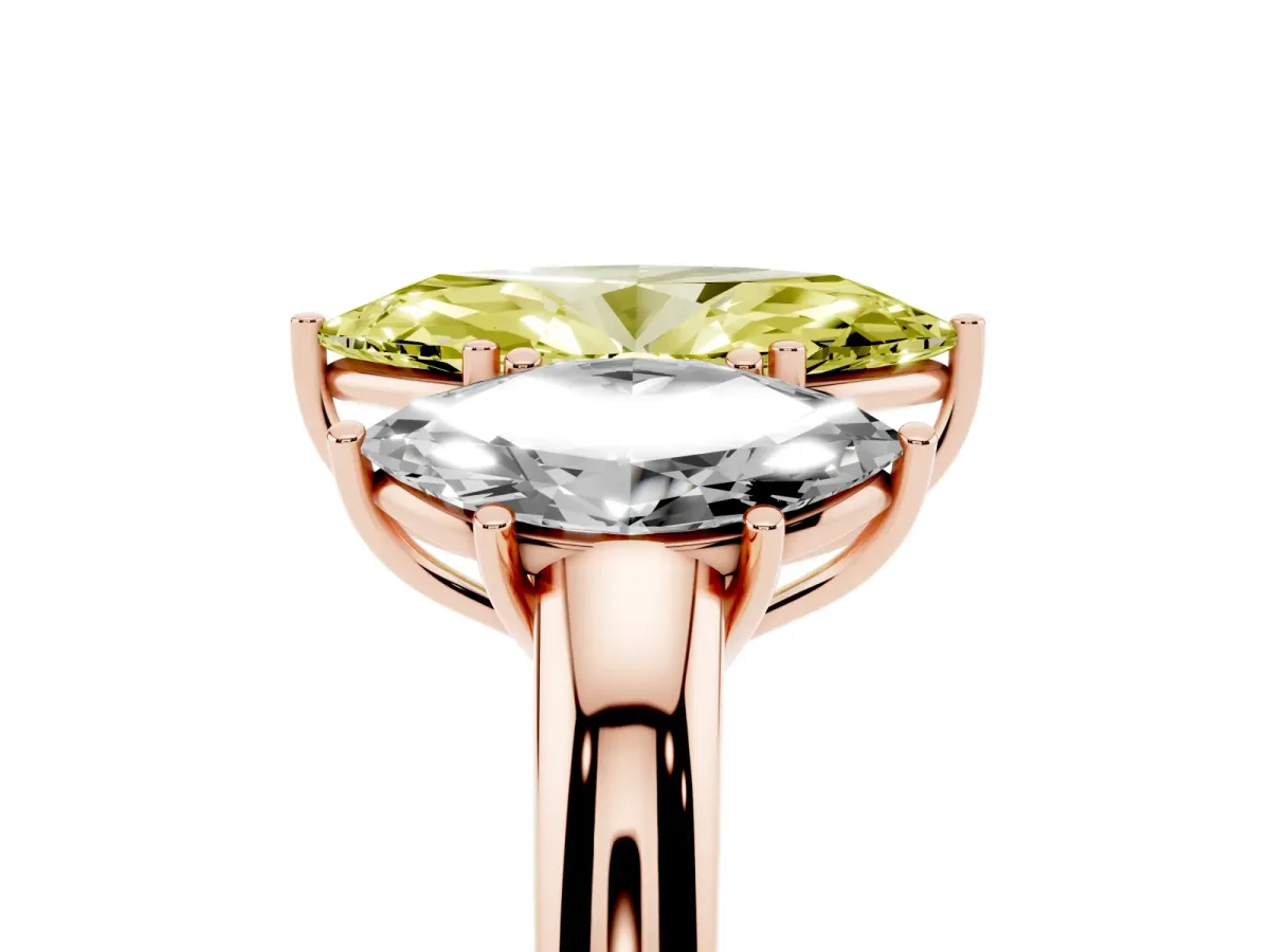 Fancy Yellow Marquise Cut Diamond Three-Stone Ring with Four-Prong Setting and Classic Band Rose gold