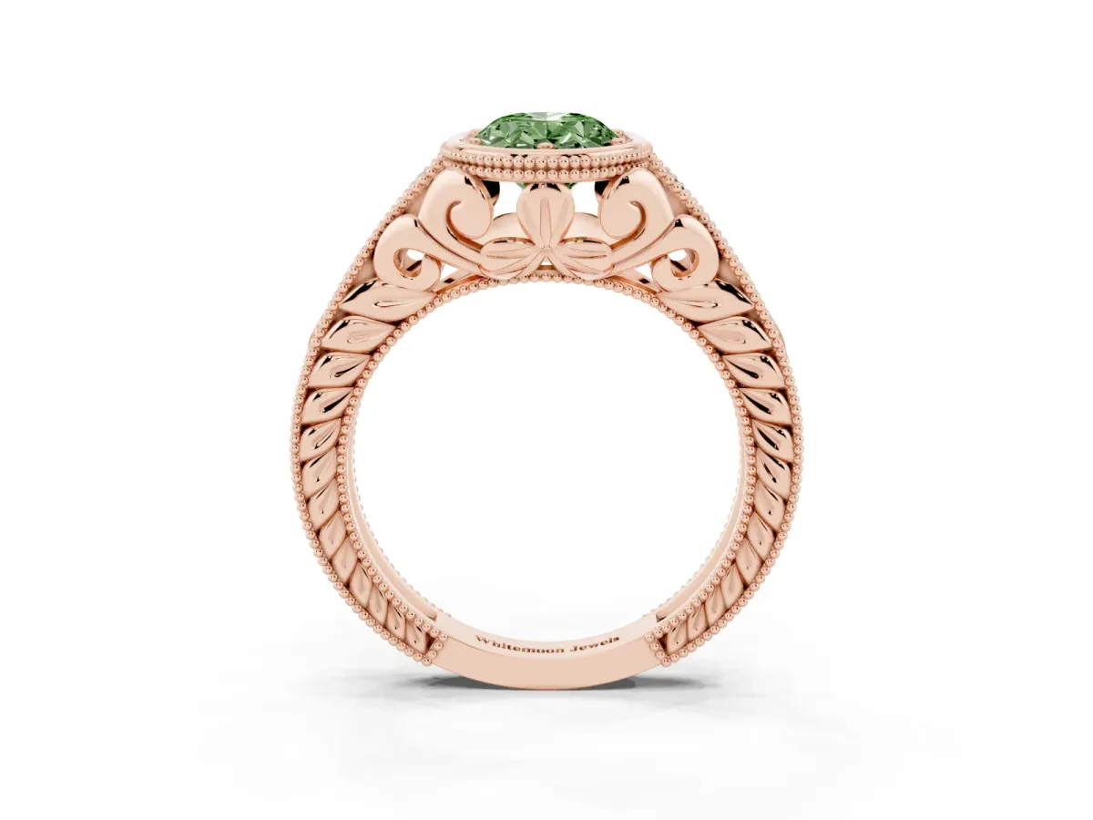 Fancy Green Bezel Set Oval Cut Diamond Milgrain Pave Engagement Ring Rose gold
