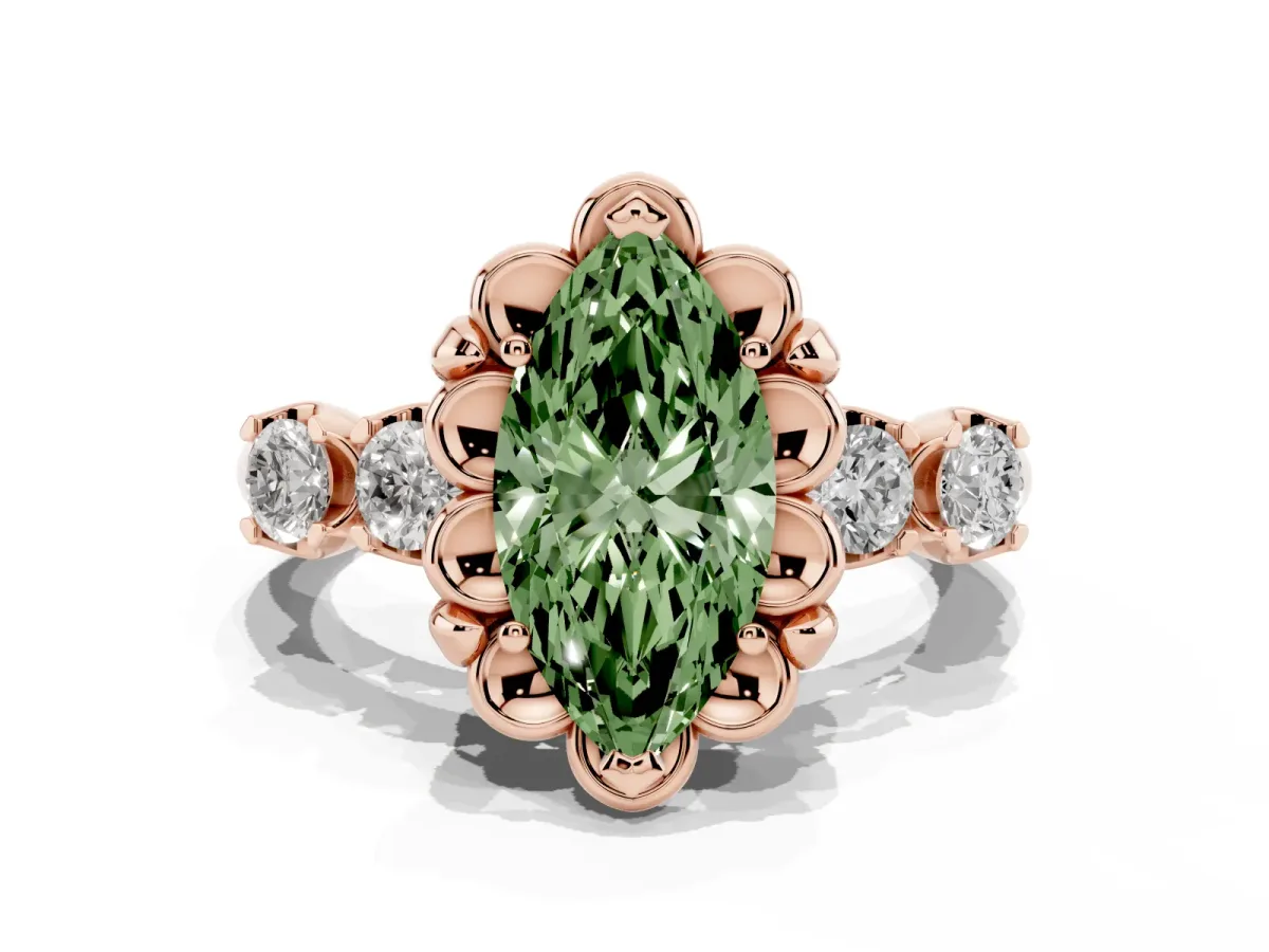 Fancy Green Marquise Cut Cut Diamond Floral Halo Engagement Ring with Shared Prong Setting Rose gold