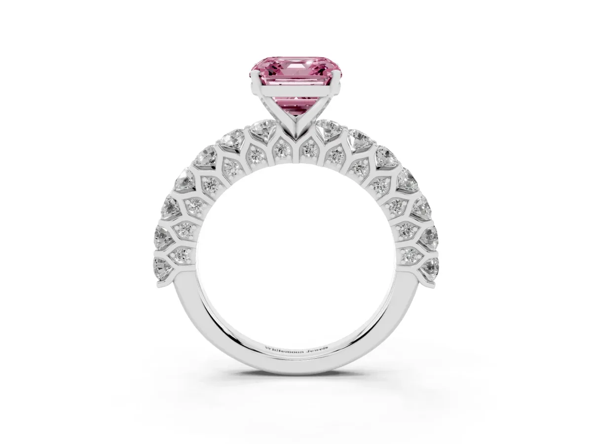 Fancy Pink Asscher Cut Diamond Solitaire Ring with Shared Prong Pavé Band and Four-Prong Setting Silver