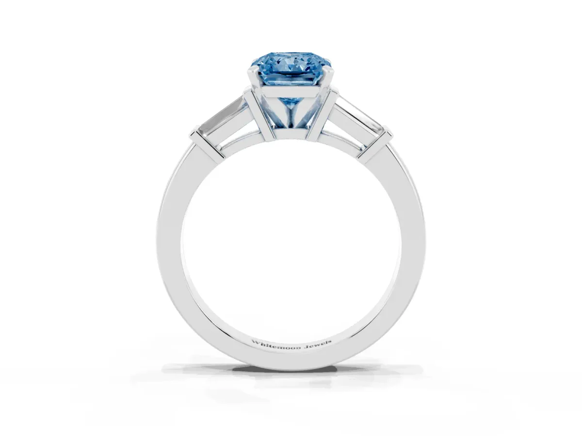 Fancy Blue Radiant Cut Cut Diamond Solitaire Ring with Tapered Baguette Accents and Four-Prong Setting Silver