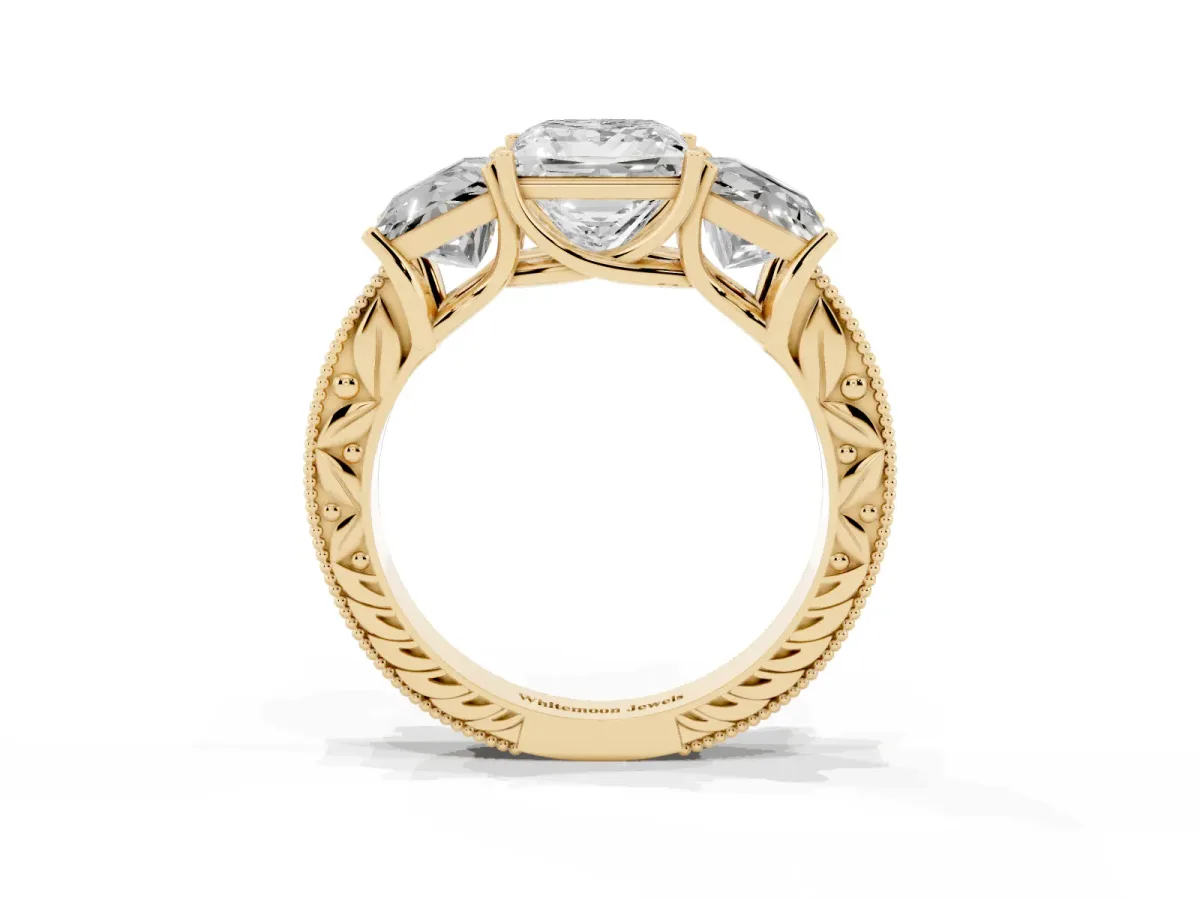 Three-Stone Princess Cut Cut Milgrain Pavé Engagement Ring Yellow gold