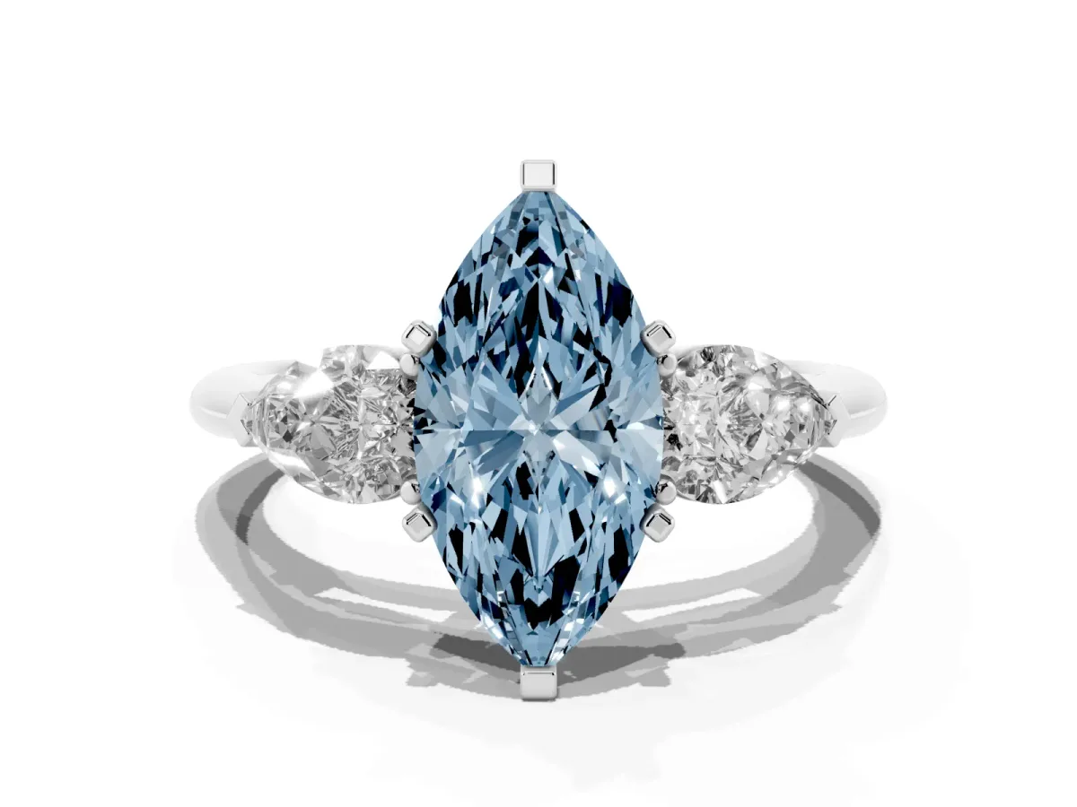 Fancy Blue Three-Stone Marquise Cut Diamond Ring with Pear Side Stones and Four-Prong Setting Silver