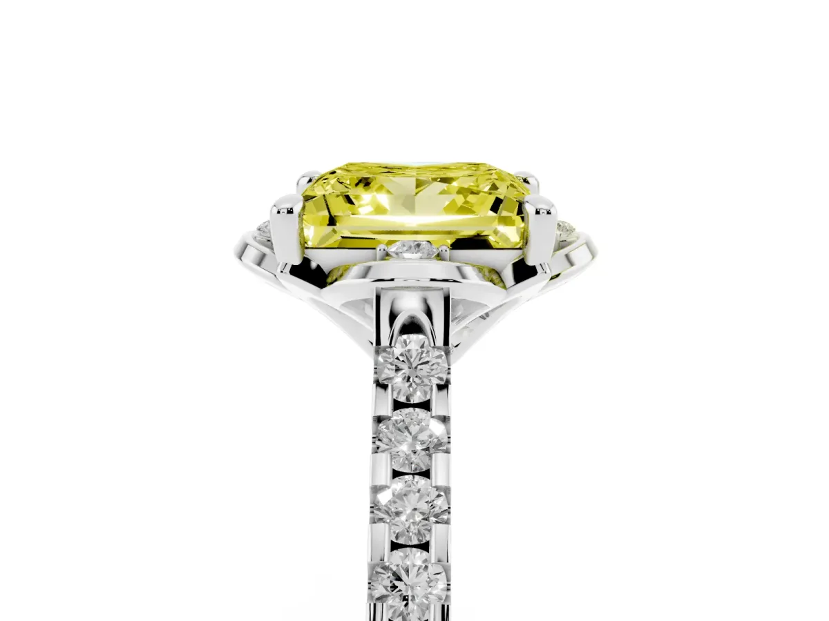 Fancy Yellow Princess Cut Diamond Ring with Pavé Band and Floral Prong Setting Silver