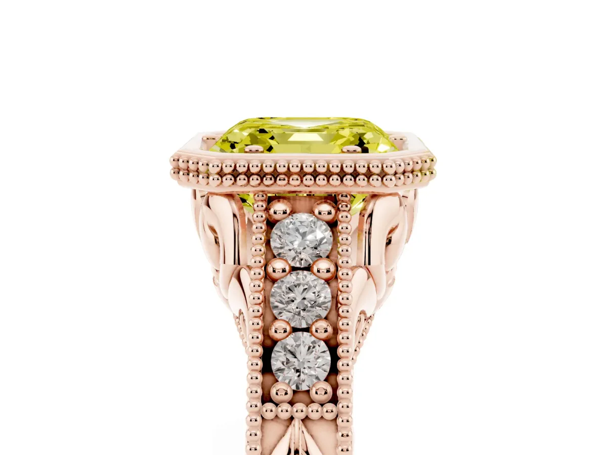Fancy Yellow Bezel Set Asscher Cut Diamond Milgrain Pave Engagement Ring Rose gold