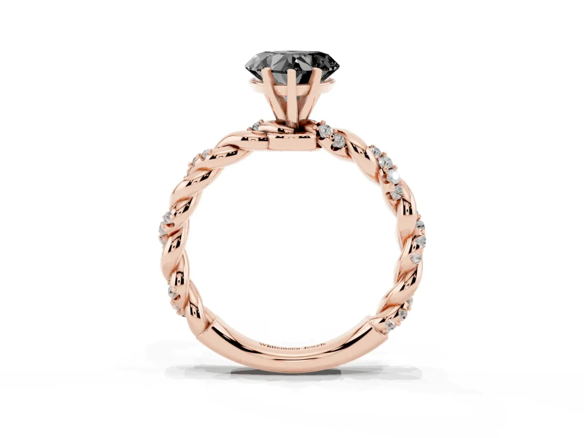Fancy Black Heart Cut Diamond Solitaire Ring with Twisted Band and Pavé Accents Rose gold