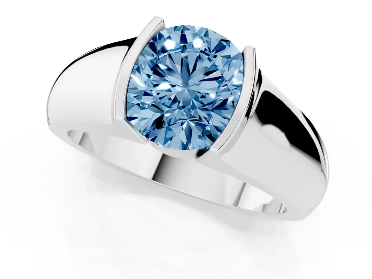 Fancy Blue Round Cut Solitaire Bezel Set Diamond Ring with Wide Band Silver