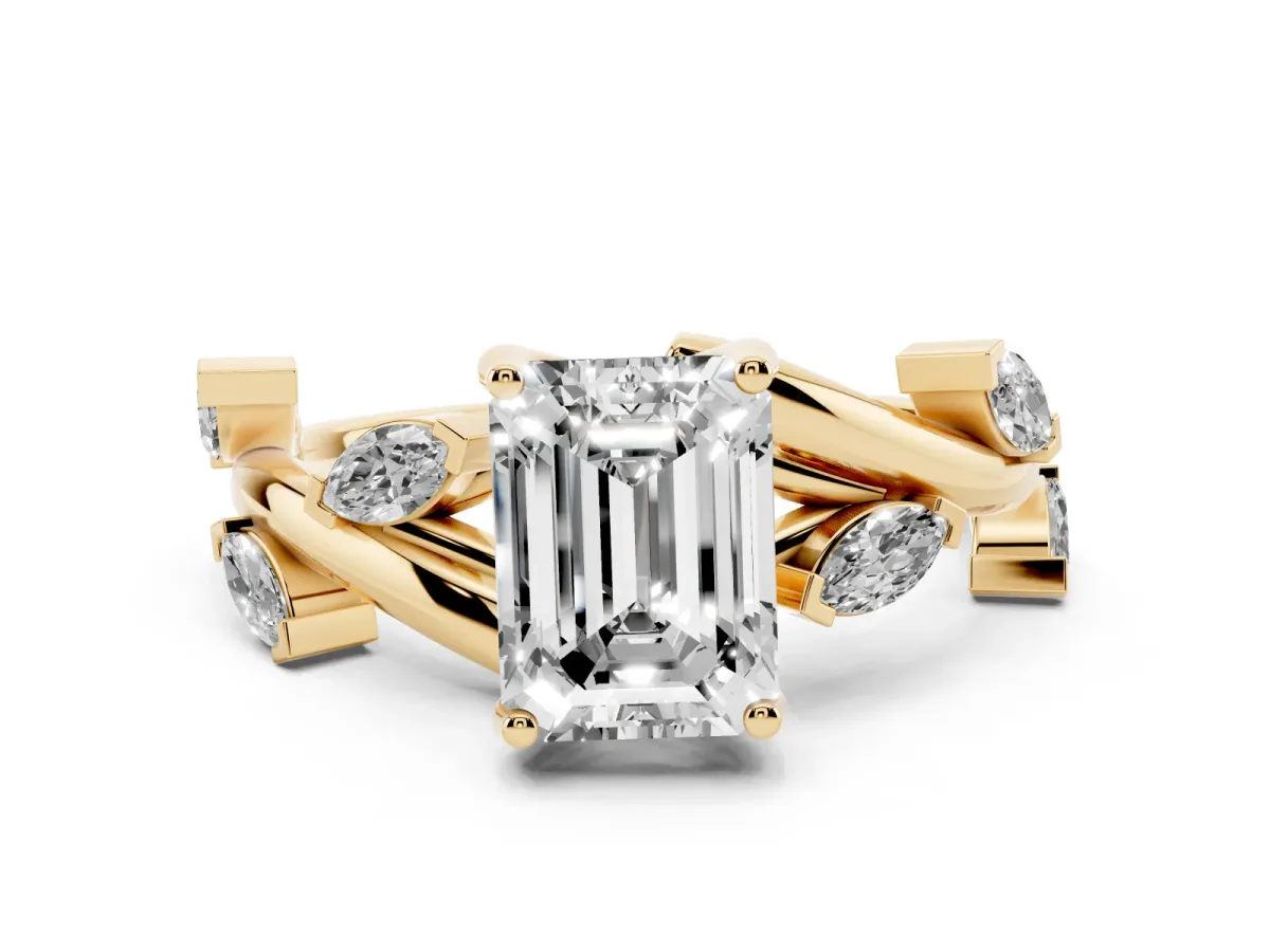 Emerald Cut Solitaire Twisted Band Marquise Accent Prong Setting Ring Yellow gold