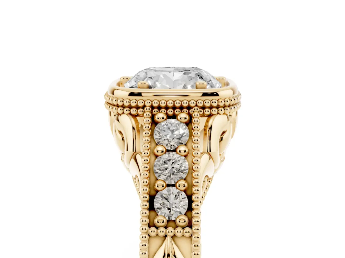 Bezel Set Cushion Cut Diamond Milgrain Pave Engagement Ring Yellow gold