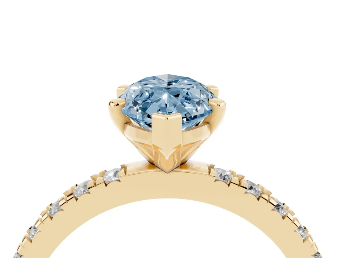 Fancy Blue Marquise Cut Diamond Pavé Band Solitaire with Four-Prong Setting Yellow gold