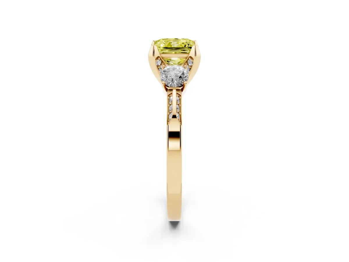 Fancy Yellow Princess Cut Brilliant Three-Stone Diamond Ring with Pavé Band and Four-Prong Setting Yellow gold