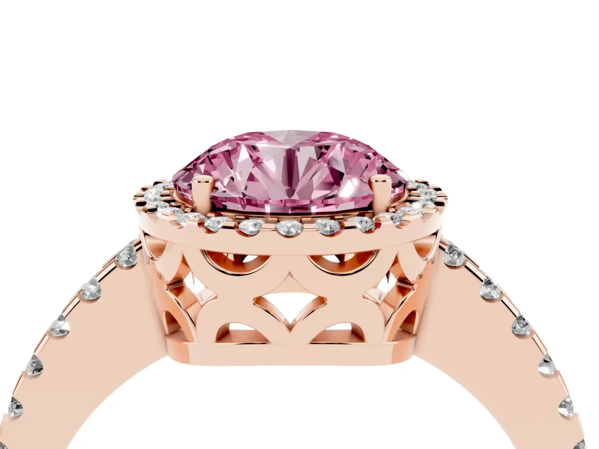 Fancy Pink Round Cut Diamond Halo Engagement Ring with Pavé Band and Prong Setting Rose gold
