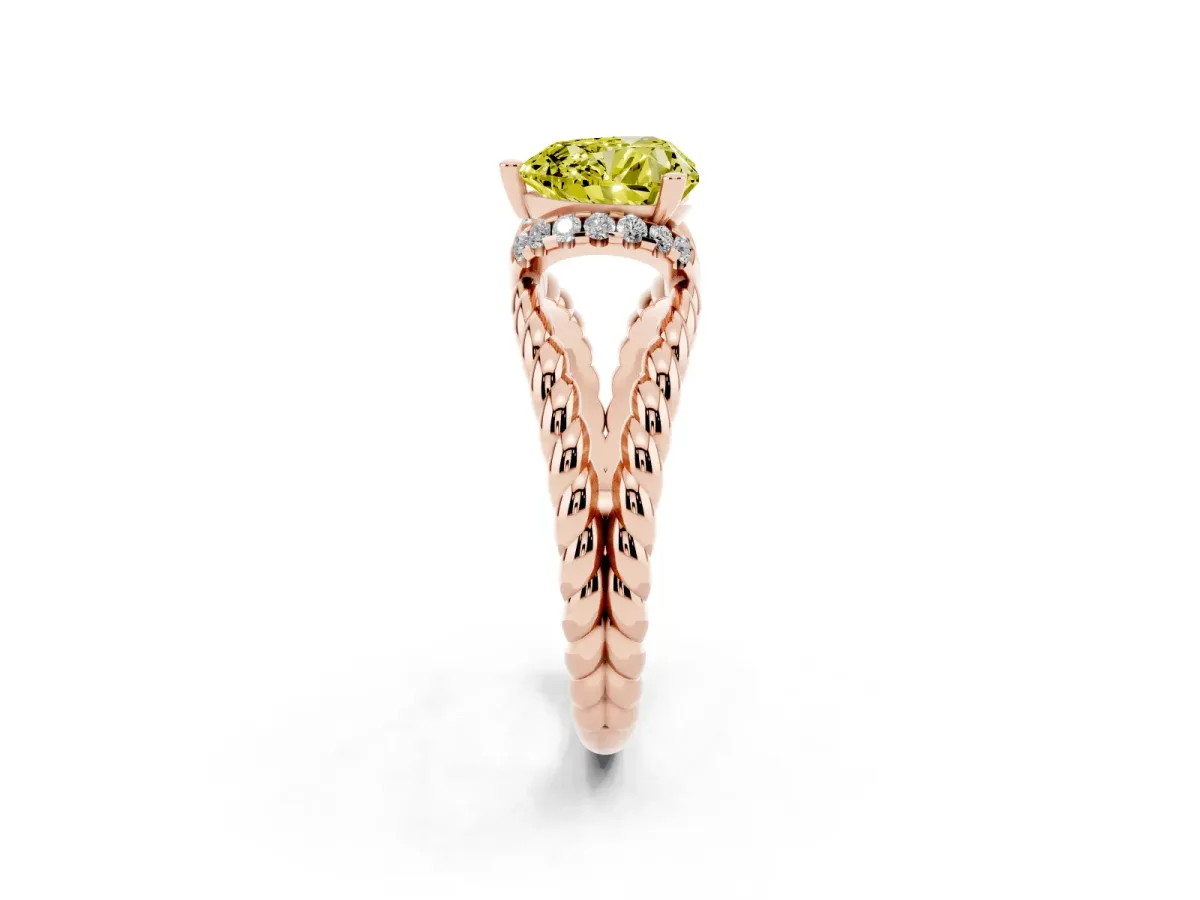 Fancy Yellow Heart Cut Halo Twisted Band Four-Prong Ring Rose gold