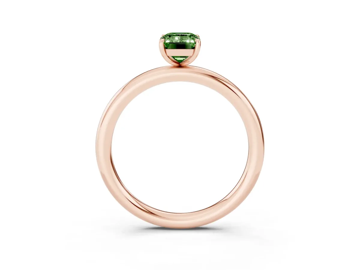 Fancy Green Emerald Cut Solitaire Diamond Ring with Four-Prong Setting on a Plain Band Rose gold