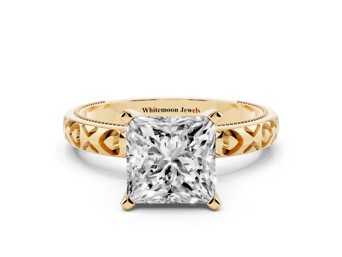Princess Cut Solitaire Diamond Engagement Ring with XO Engraved Band and Four-Prong Setting Yellow gold