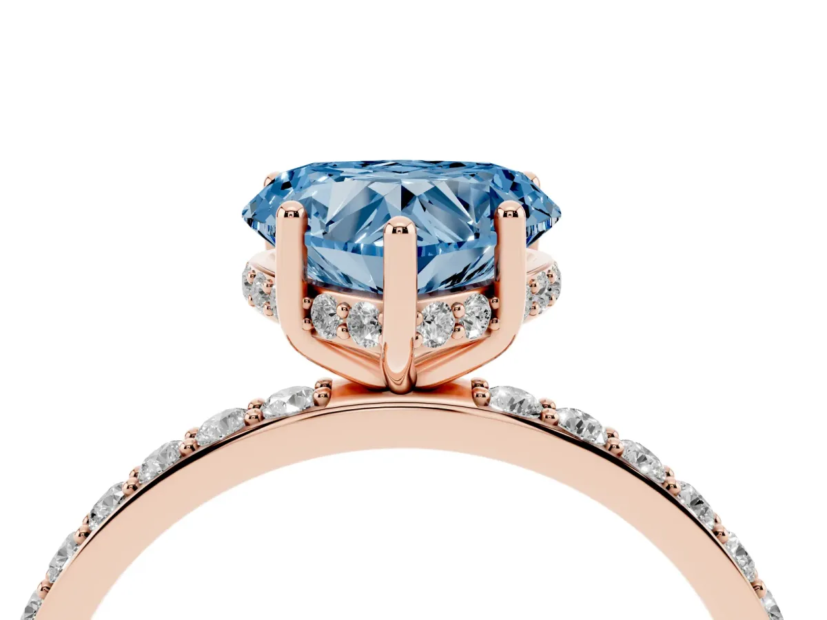 Fancy Blue Heart Cut Diamond Solitaire Ring with Pavé Band and Hidden Halo Rose gold
