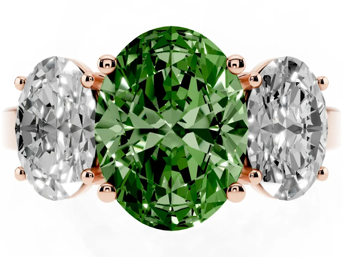 Fancy Green Three-Stone Oval Cut Cut Diamond Engagement Ring with Flat Band and Four-Prong Setting Rose gold