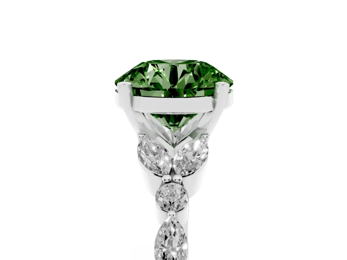 Fancy Green Round Cut Diamond Solitaire Ring with Side Stones and Four-Prong Setting Silver