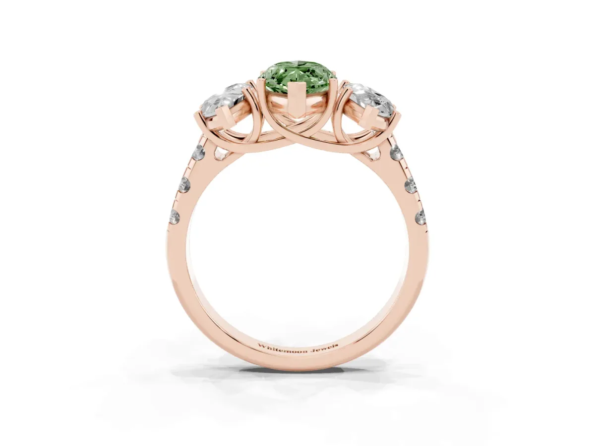 Fancy Green Three-Stone Marquise Cut Diamond Pavé Band with Prong Setting Rose gold