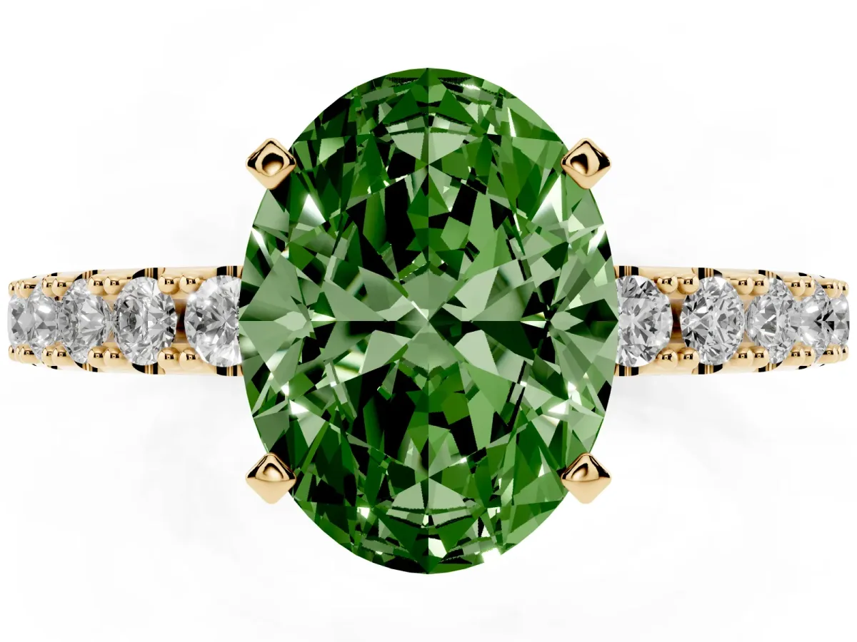 Fancy Green Oval Cut Diamond Solitaire Pavé Band with Four-Prong Setting Yellow gold