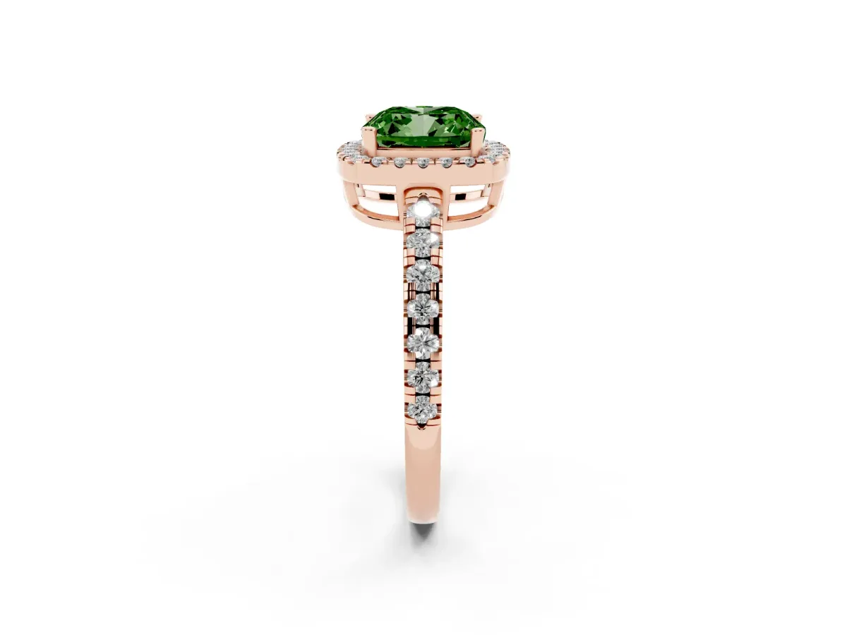 Fancy Green Cushion Cut Diamond Halo Ring with Pavé Band and Four-Prong Setting Rose gold