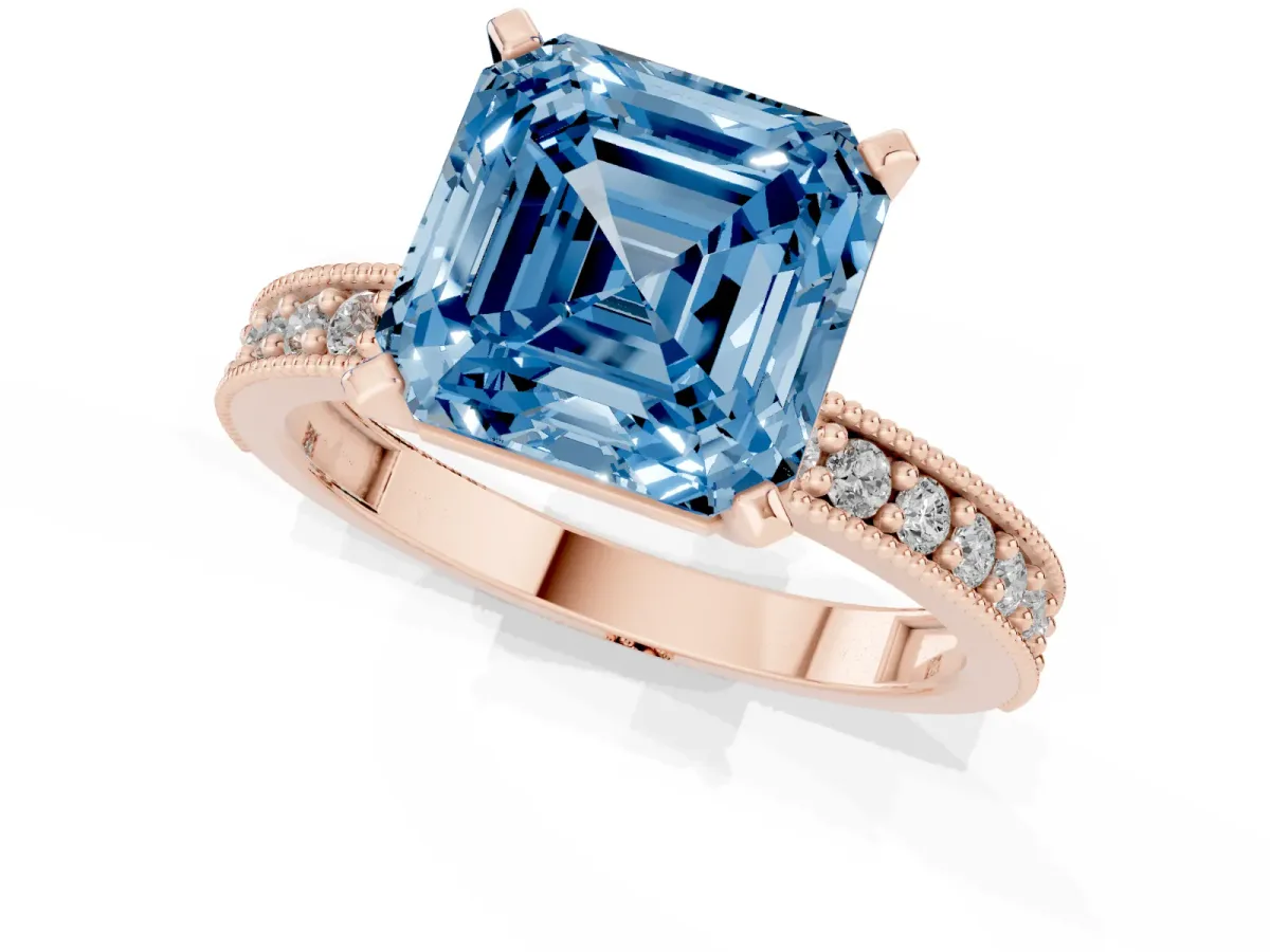 Fancy Blue Asscher Cut Diamond Milgrain Pavé Engagement Ring with Four-Prong Setting Rose gold