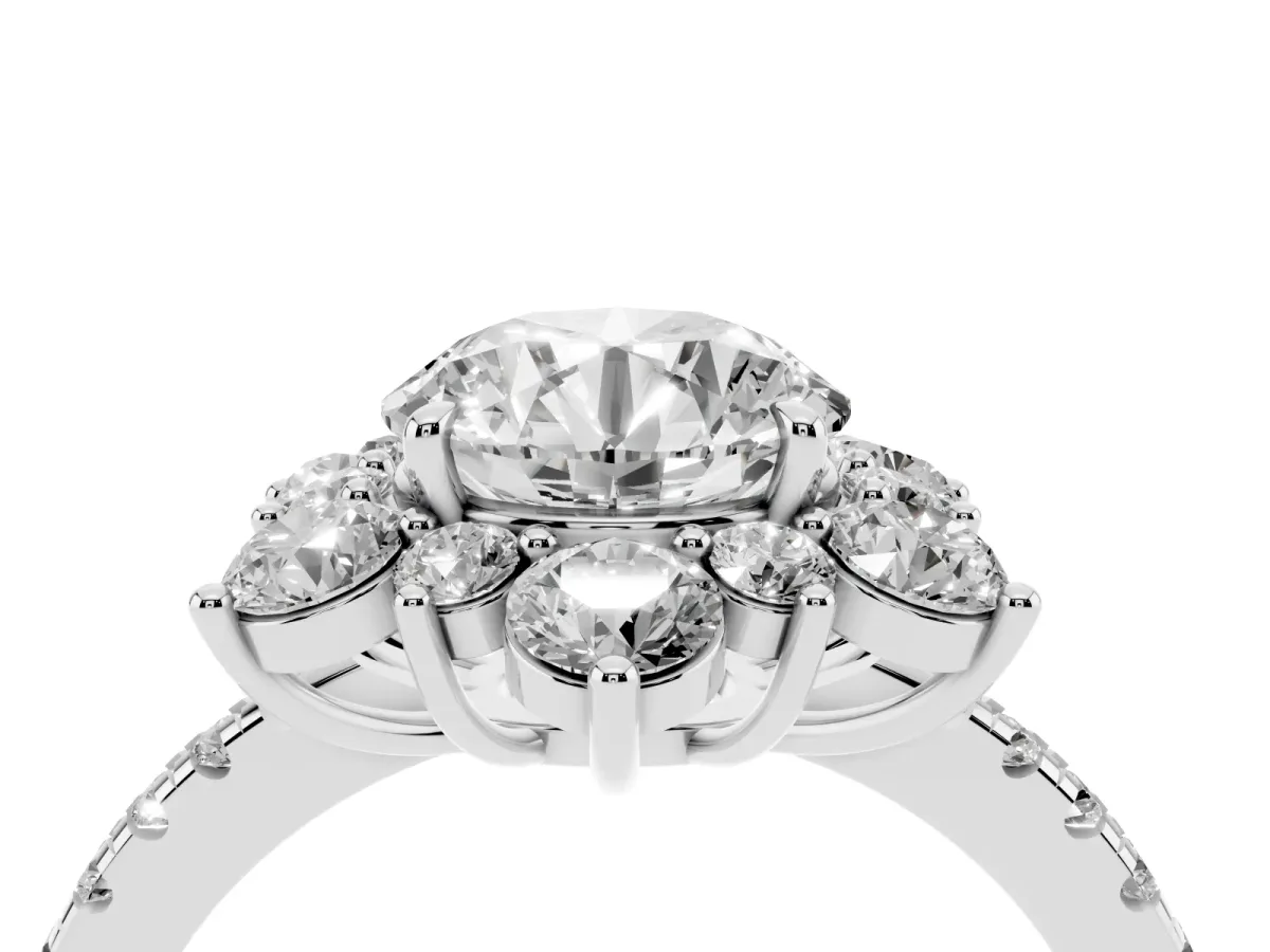 Round Cut Diamond Floral Halo Ring with Round Pavé Band and Prong Setting White gold