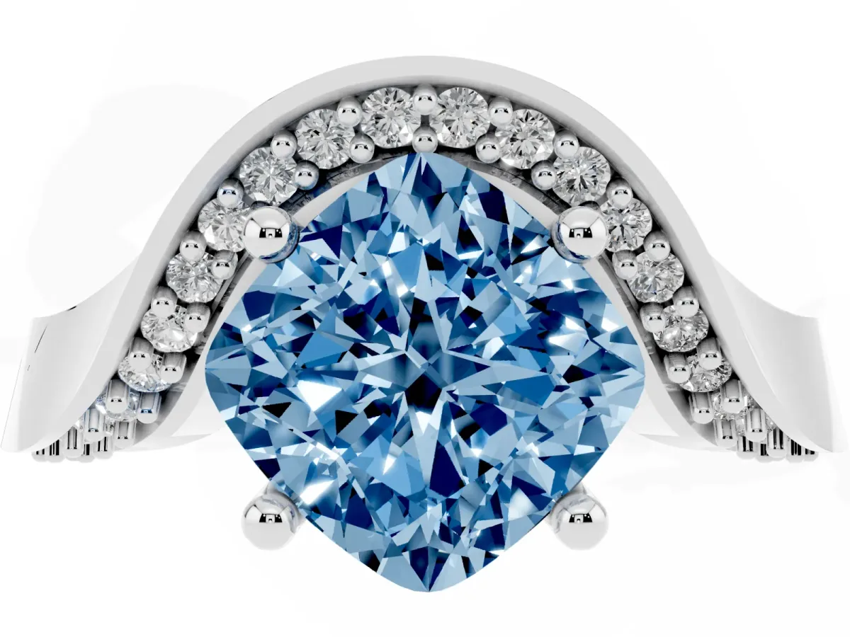 Fancy Blue Cushion Cut Solitaire Diamond Engagement Ring with Pave Band and Four-Prong Setting Platinum