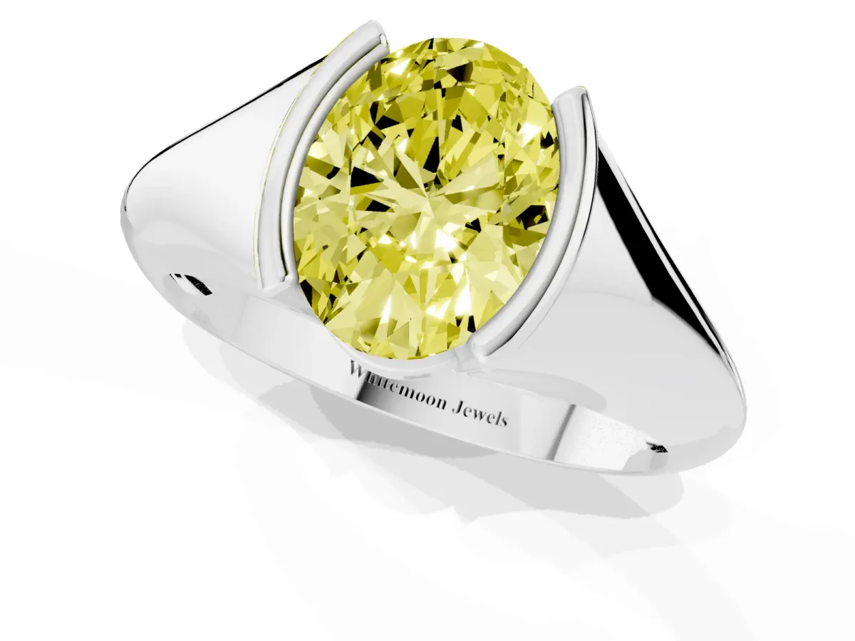 Fancy Yellow Oval Cut Solitaire Tension Set Diamond Ring Silver