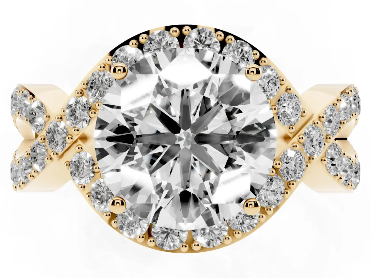Round Cut Solitaire Twist Band Pavé Diamond Engagement Ring Yellow gold