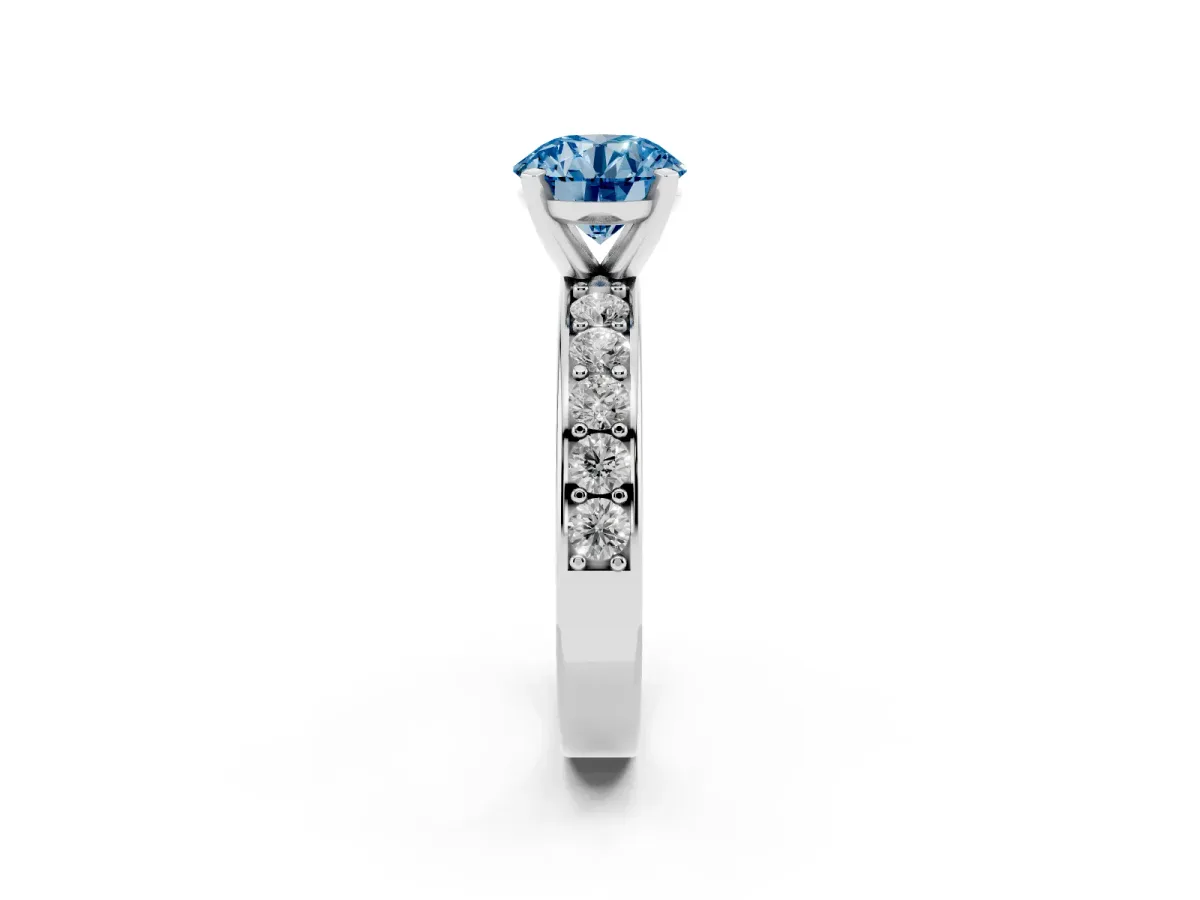 Fancy Blue Round Cut Diamond Engagement Ring with Channel Set Round Band and Prong Setting White gold