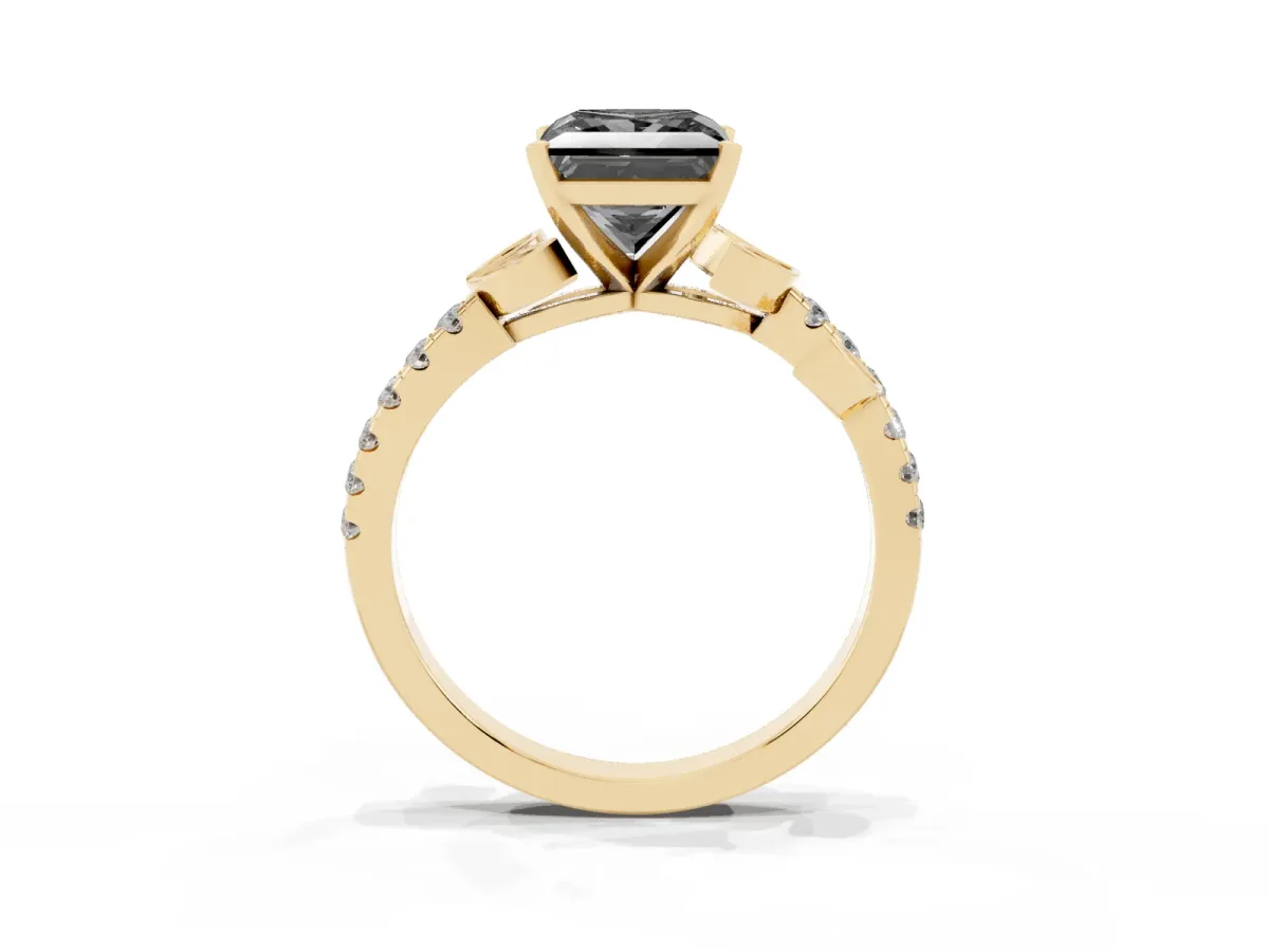Fancy Black Princess Cut Solitaire Leaf-Inspired Diamond Ring with Pavé Band and Four-Prong Setting Yellow gold