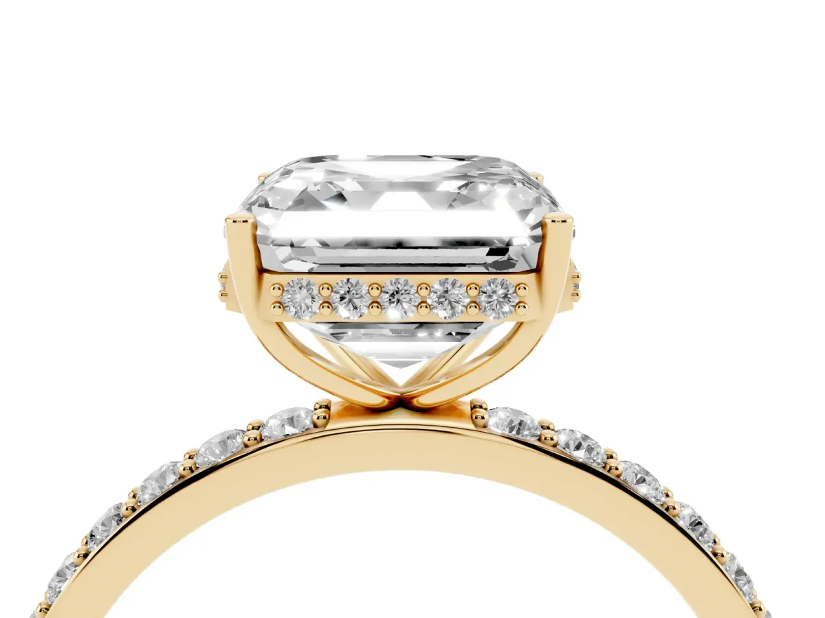 Asscher Cut Diamond Solitaire Ring with Pavé Band and Hidden Halo Yellow gold