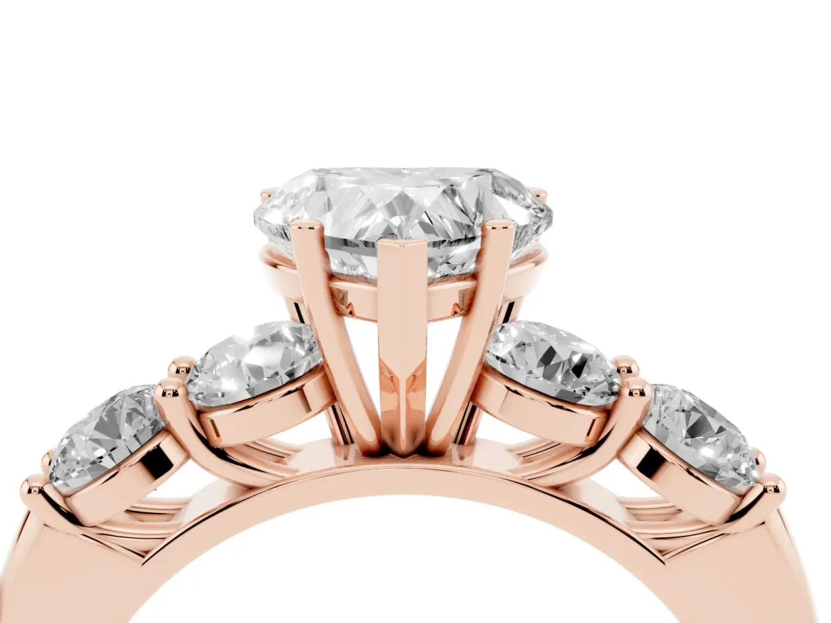 Heart Cut Cut Five-Stone Prong Set Diamond Ring with Classic Band Rose gold