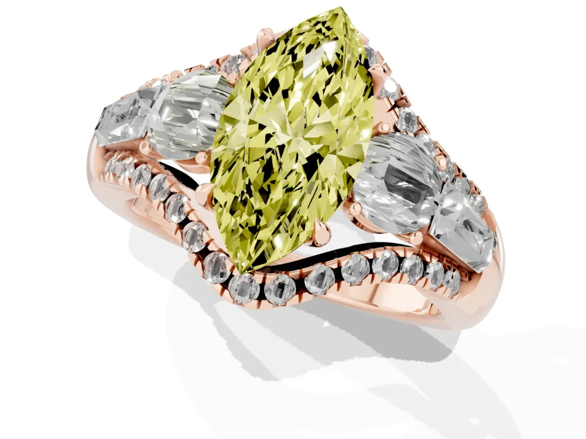 Fancy Yellow Three-Stone Marquise Cut Diamond Engagement Ring with Pave Band and Prong Setting Rose gold