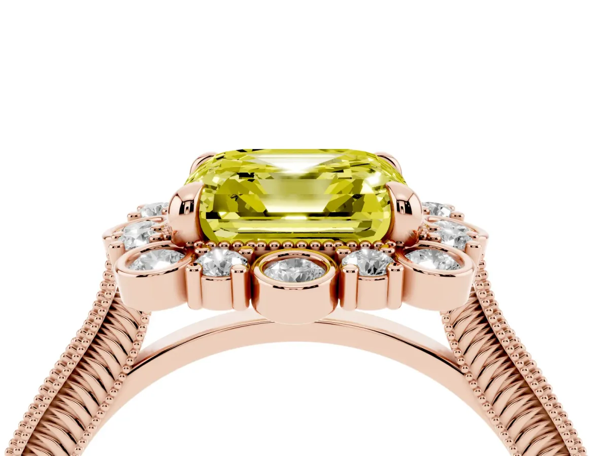Fancy Yellow Asscher Cut Halo Milgrain Pave Diamond Ring with Four-Prong Setting Rose gold