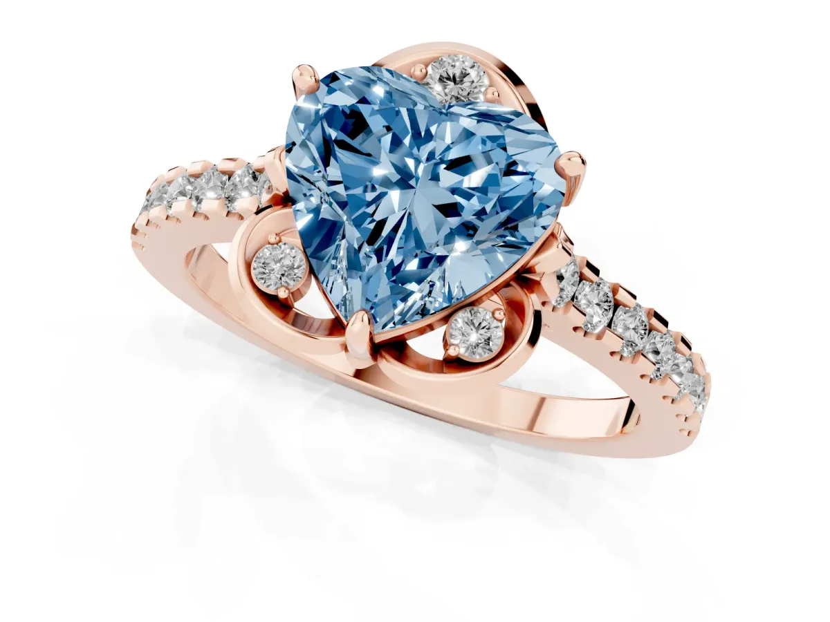 Fancy Blue Heart Cut Diamond Ring with Pavé Band and Floral Prong Setting Rose gold