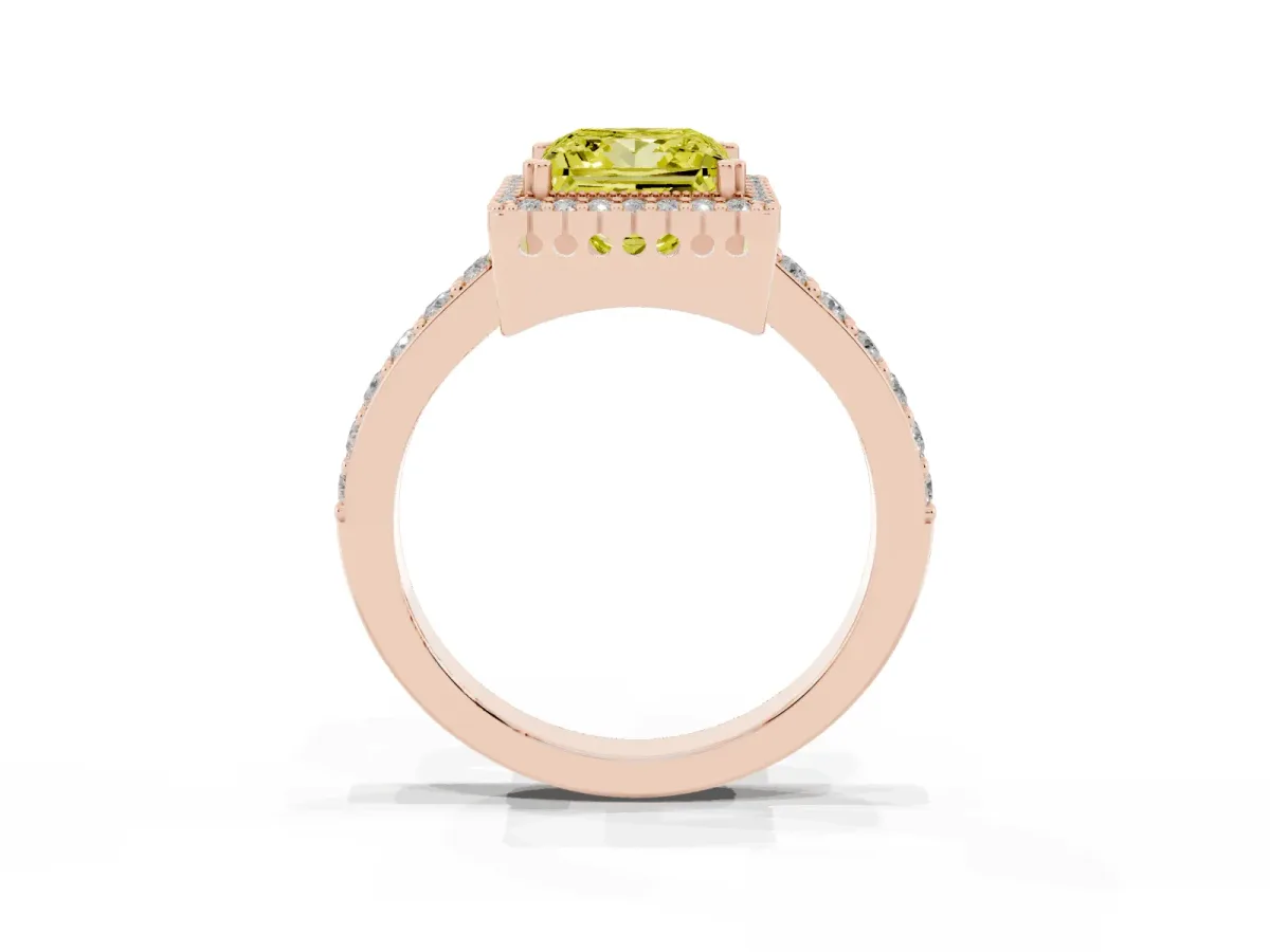 Fancy Yellow Princess Cut Cut Diamond Halo Engagement Ring with Milgrain Detail and Pavé Band Rose gold