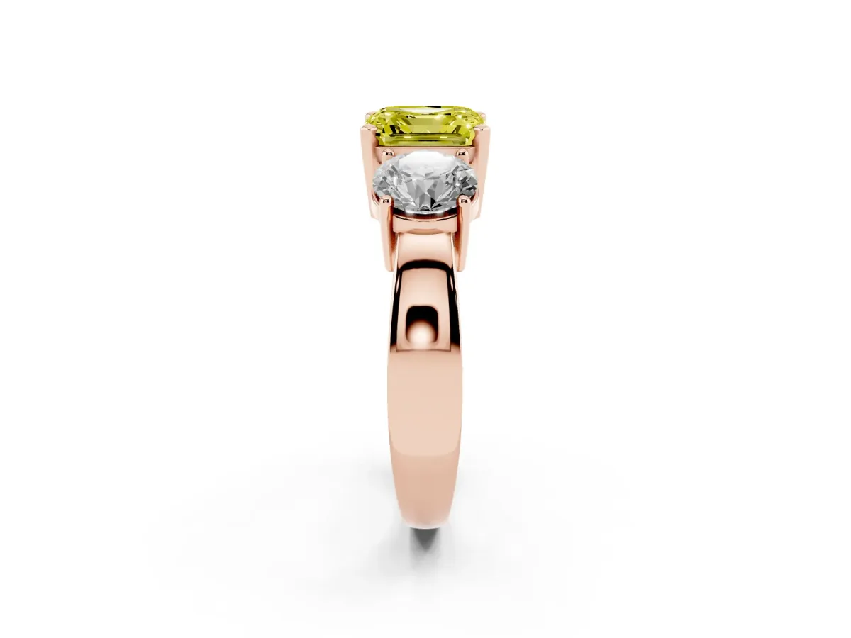 Fancy Yellow Three-Stone Asscher Cut Diamond Ring with Round Side Stones, Classic Band, and Four-Prong Setting Rose gold