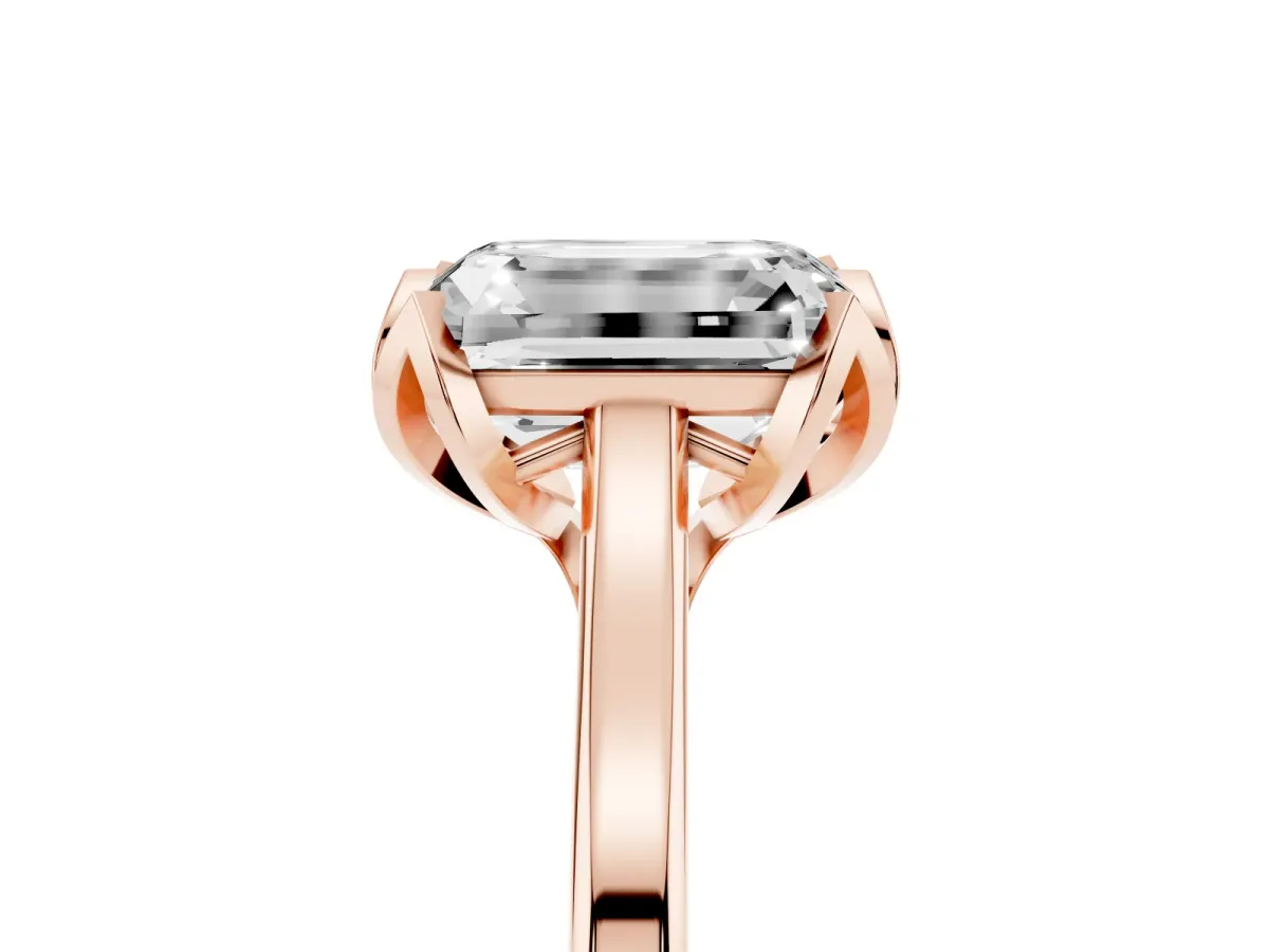 Emerald Cut Diamond Solitaire Ring with Flower Prong Setting and Classic Band Rose gold