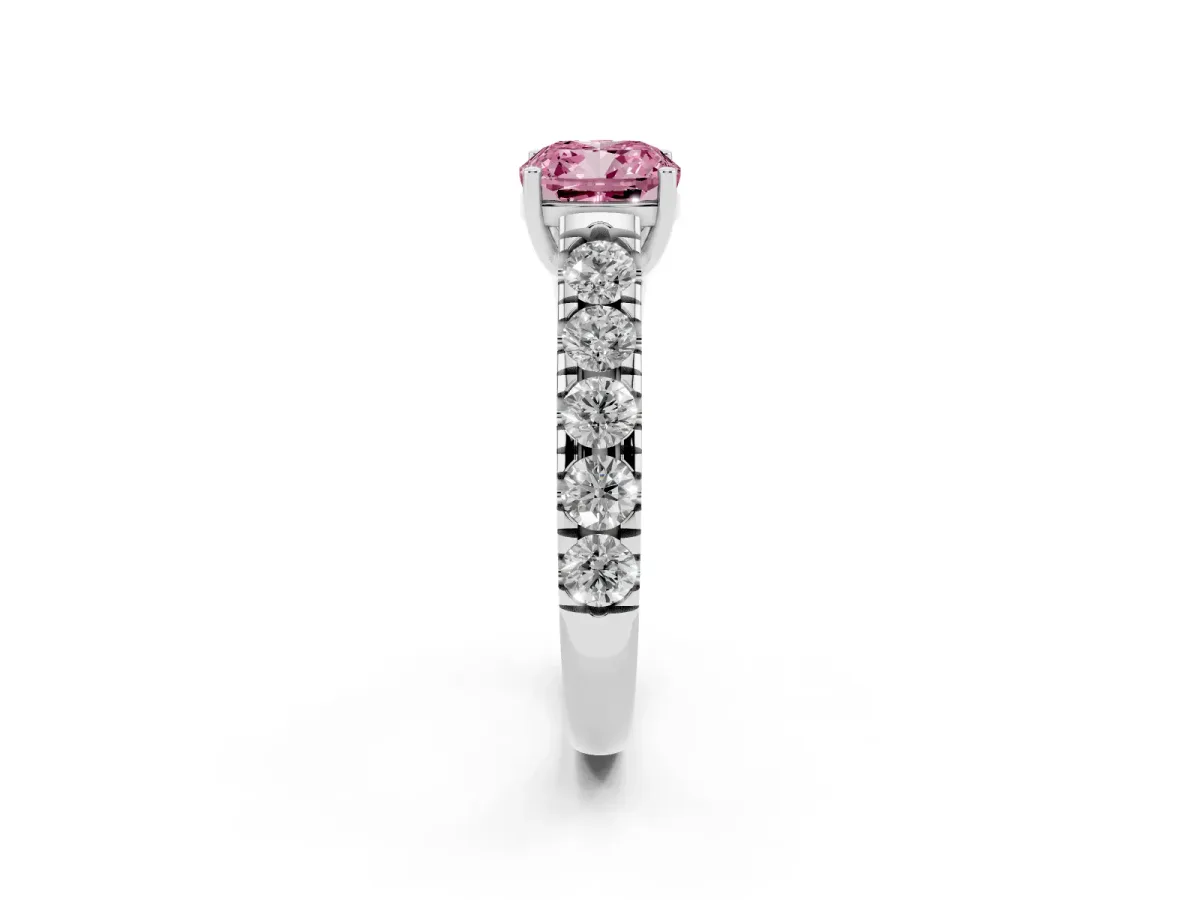 Fancy Pink Cushion Cut Cut Diamond Solitaire Ring with Micro Pave Band and Prong Setting Silver