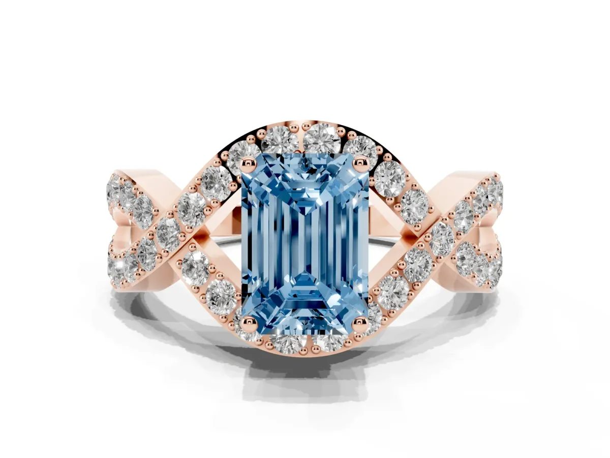 Fancy Blue Emerald Cut Solitaire Twist Band Pavé Diamond Engagement Ring Rose gold
