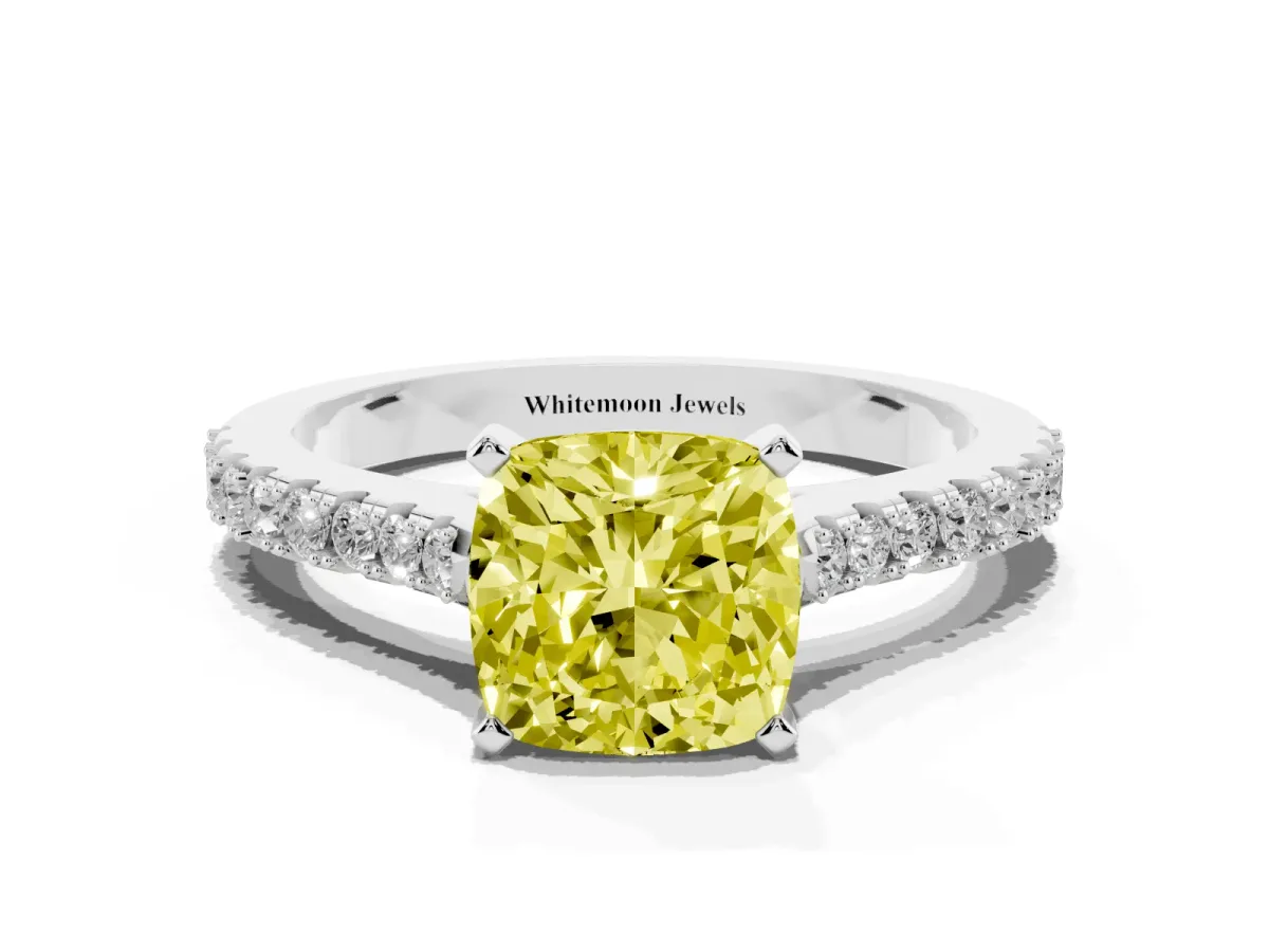 Fancy Yellow Cushion Cut Cut Solitaire Diamond Engagement Ring with Pave Band and Four-Prong Setting Platinum