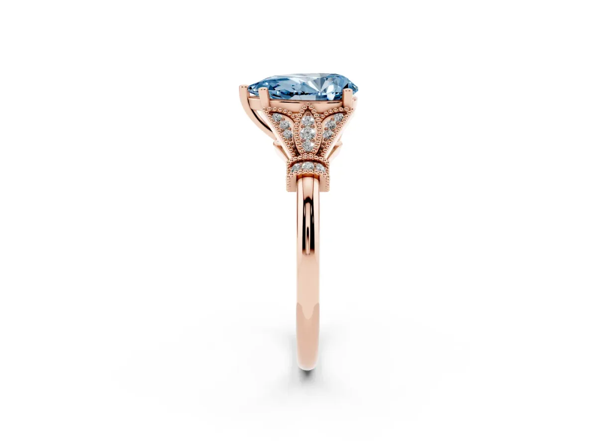 Fancy Blue Pear Cut Diamond Solitaire Ring with Floral Filigree and Pave Accents Rose gold