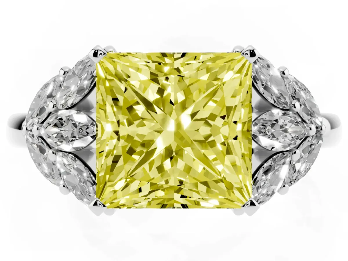 Fancy Yellow Princess Cut Diamond Cluster Leaf Design Ring with Prong Setting Silver