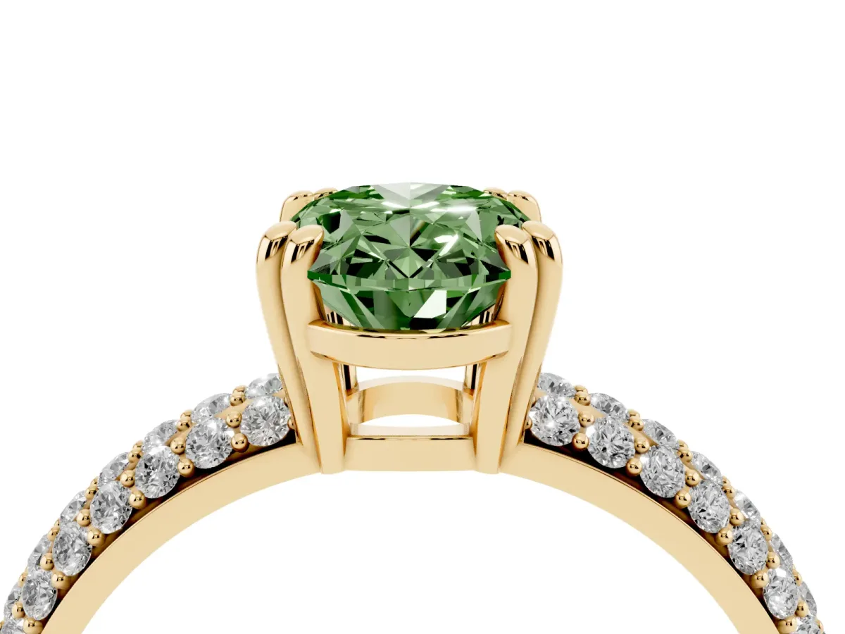 Fancy Green Oval Cut Diamond Solitaire Ring with Multi-Row Round Pavé Band and Prong Setting Yellow gold