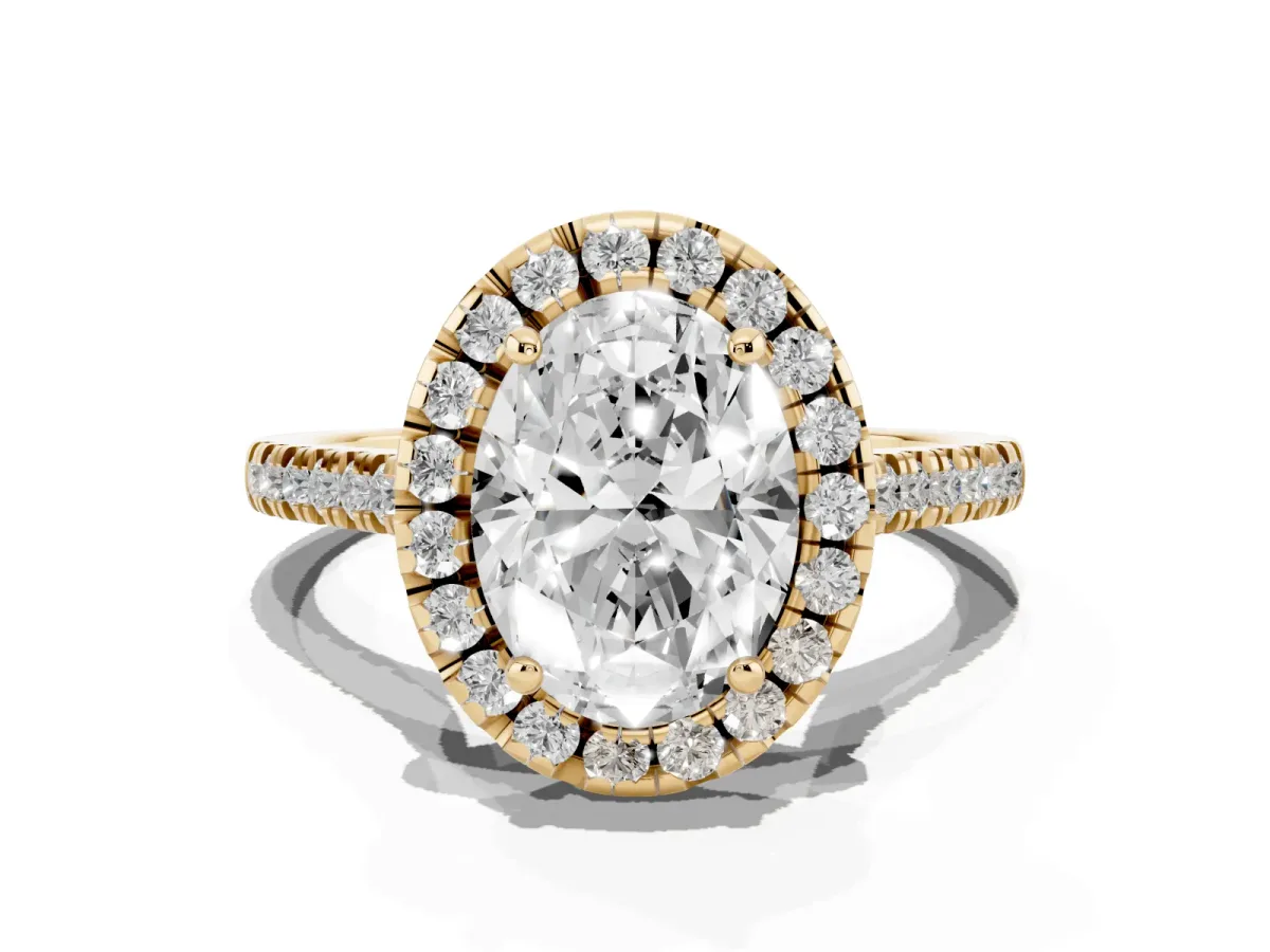 Oval Cut Diamond Cushion Halo Ring with Pavé Band Yellow gold