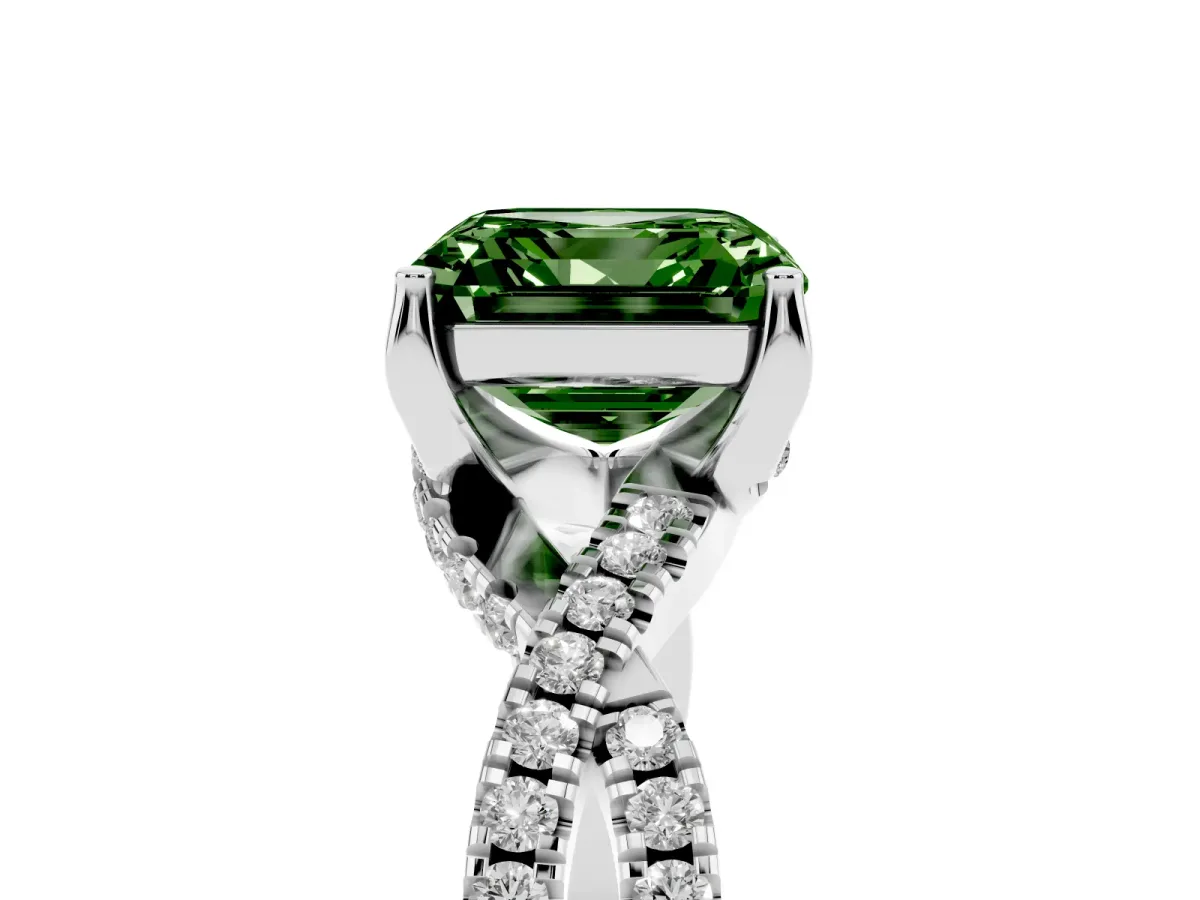 Fancy Green Asscher Cut Solitaire Twist Pave Diamond Engagement Ring with Prong Setting Silver