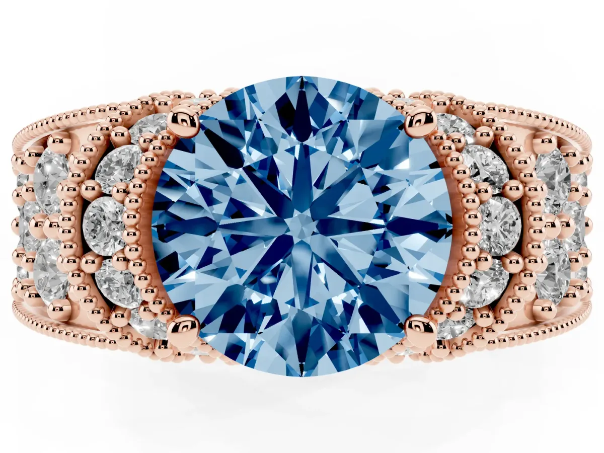 Fancy Blue Round Cut Halo Pave Diamond Engagement Ring with Milgrain Detailing Rose gold
