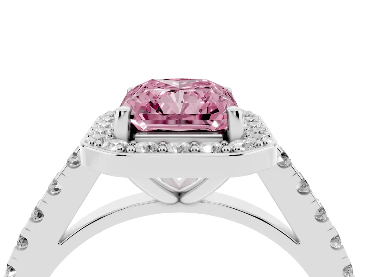 Fancy Pink Radiant Cut Diamond Halo Ring with Round Pavé Split Shank and Prong Setting Silver